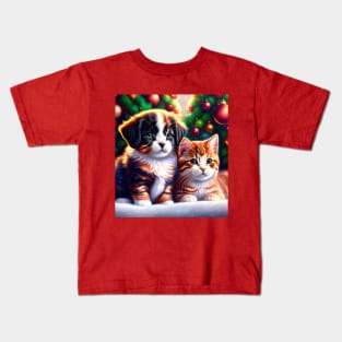 Cute puppy and cat under Christmas tree Kids T-Shirt